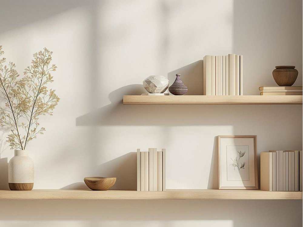 Calm, bright office interior with shelves