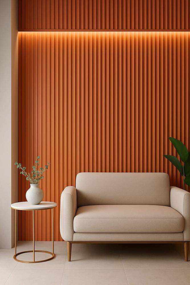 Warm orange panelled wall with a sofa